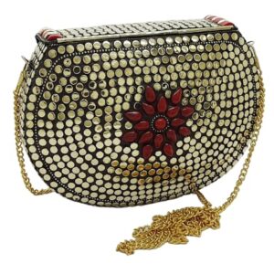 Trend Overseas Multicolor Acrylic Stone Golden metal Bead Clutch Girls Bridal Bag for women/Girl party clutch, Acrylic Red