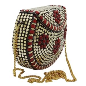 Trend Overseas Multicolor Acrylic Stone Golden metal Bead Clutch Girls Bridal Bag for women/Girl party clutch, Acrylic Red