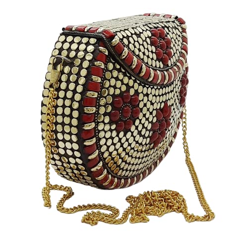 Trend Overseas Multicolor Acrylic Stone Golden metal Bead Clutch Girls Bridal Bag for women/Girl party clutch, Acrylic Red