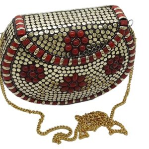 Trend Overseas Multicolor Acrylic Stone Golden metal Bead Clutch Girls Bridal Bag for women/Girl party clutch, Acrylic Red