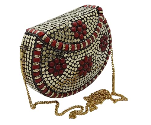 Trend Overseas Multicolor Acrylic Stone Golden metal Bead Clutch Girls Bridal Bag for women/Girl party clutch, Acrylic Red