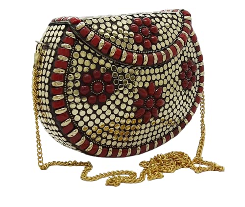 Trend Overseas Multicolor Acrylic Stone Golden metal Bead Clutch Girls Bridal Bag for women/Girl party clutch, Acrylic Red