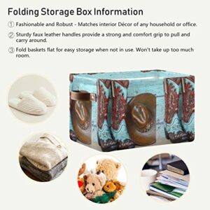 Oyihfvs Turquoise and Red Cowboy Boots and Hat Standing on Wood 1 PC Rectangle Storage Basket Collapsible Fabric with Leather Handles Bag Organizer Clothes for Home Bedroom 15 x 11 x 9.5 in