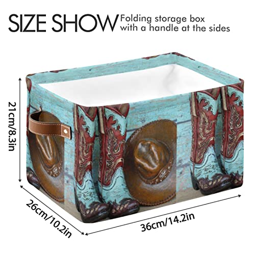 Oyihfvs Turquoise and Red Cowboy Boots and Hat Standing on Wood 1 PC Rectangle Storage Basket Collapsible Fabric with Leather Handles Bag Organizer Clothes for Home Bedroom 15 x 11 x 9.5 in