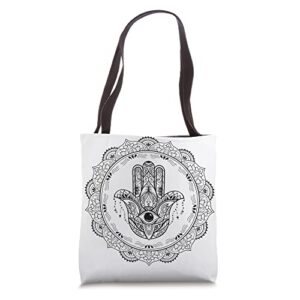evil eye amulet, hamsa hand of protection tote bag