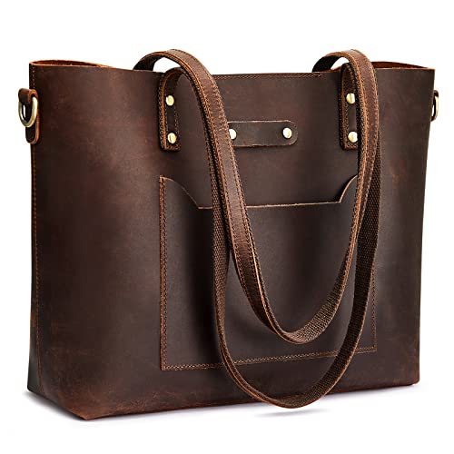 S-ZONE Women Genuine Leather Tote bags with Purse Organizer Shoulder Purses Vintage Handbags Top Handle Work (Dark Brown)