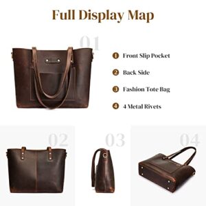 S-ZONE Women Genuine Leather Tote bags with Purse Organizer Shoulder Purses Vintage Handbags Top Handle Work (Dark Brown)