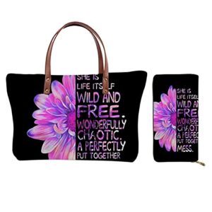 coloranimal colorful daisy floral design handbag and purses satchel hobo bags tote shoulder bag sets”she is life itself wild and free”print top handbag wallets,2pcs