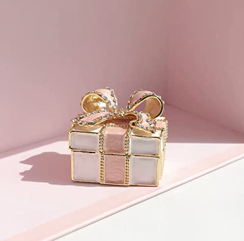 Mini Enamel Rhinestones Bow-knot Jewelry Box Bow-knot Hinged Trinket Box Bow Bling Trinket Box Miniature Figurine Ring Box for Women Girls Wedding Birthday Gift Christmas (Pink)