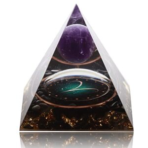 12 zodiac orgone crystal pyramid, natural amethyst with obsidian,healing crystals pyramid for protection chakra, unique constellation pyramid for positive energy, healing money health(aries)