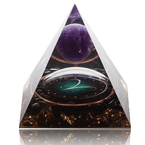 12 Zodiac Orgone Crystal Pyramid, Natural Amethyst with Obsidian,Healing Crystals Pyramid for Protection Chakra, Unique Constellation Pyramid for Positive Energy, Healing Money Health(Aries)