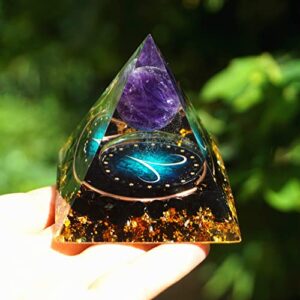 12 Zodiac Orgone Crystal Pyramid, Natural Amethyst with Obsidian,Healing Crystals Pyramid for Protection Chakra, Unique Constellation Pyramid for Positive Energy, Healing Money Health(Aries)