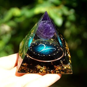 12 Zodiac Orgone Crystal Pyramid, Natural Amethyst with Obsidian,Healing Crystals Pyramid for Protection Chakra, Unique Constellation Pyramid for Positive Energy, Healing Money Health(Aries)