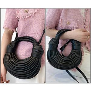Women Purses and Handbags Hand-Woven Bread PU Leather Top Handle Satchel Shoulder Crossbody Creative Noodles Underarm Bag (black)