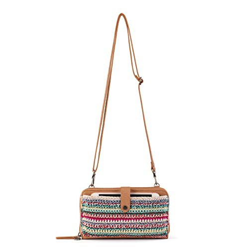 The Sak Iris Large Smartphone Crossbody Bag in Hand-Crochet & Faux Leather, Detachable Wristlet Strap, Eden Stripe