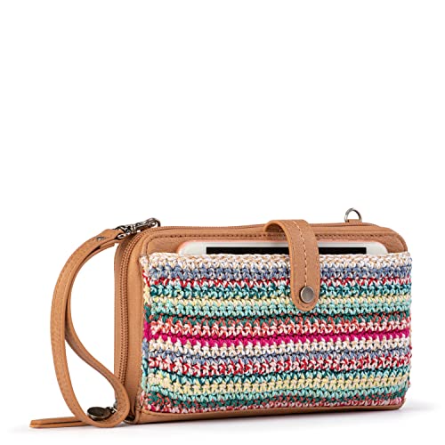 The Sak Iris Large Smartphone Crossbody Bag in Hand-Crochet & Faux Leather, Detachable Wristlet Strap, Eden Stripe