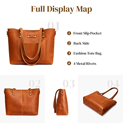 S-ZONE Women Genuine Leather Tote bags with Purse Organizer Shoulder Purses Vintage Handbags Top Handle Work (Red Brown)