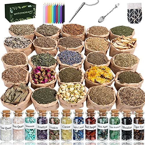 Witchcraft Supplies Box for Wiccan Spells, 61PCS Witchcraft Starter Kit, Spell Candles&Crystals&Dried Herbs& Magic Wand Necklace, Versatile Tools Gifts for Beginner Experienced