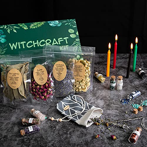 Witchcraft Supplies Box for Wiccan Spells, 61PCS Witchcraft Starter Kit, Spell Candles&Crystals&Dried Herbs& Magic Wand Necklace, Versatile Tools Gifts for Beginner Experienced