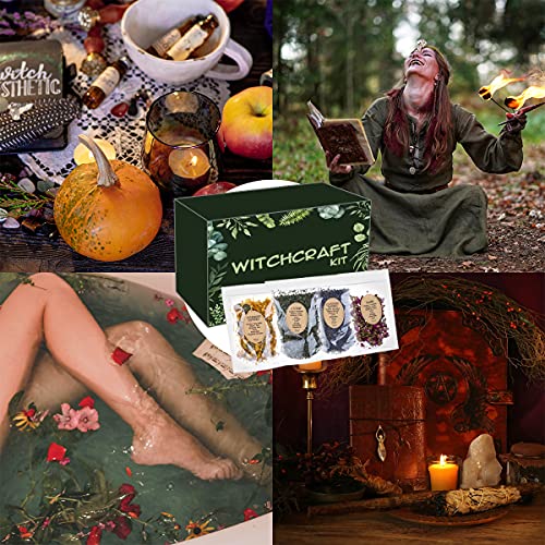 Witchcraft Supplies Box for Wiccan Spells, 61PCS Witchcraft Starter Kit, Spell Candles&Crystals&Dried Herbs& Magic Wand Necklace, Versatile Tools Gifts for Beginner Experienced