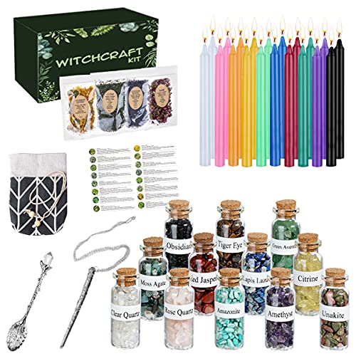 Witchcraft Supplies Box for Wiccan Spells, 61PCS Witchcraft Starter Kit, Spell Candles&Crystals&Dried Herbs& Magic Wand Necklace, Versatile Tools Gifts for Beginner Experienced