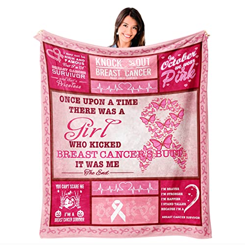 Breast Cancer Awareness Blanket, Breast Cancer Survivor Gifts Throw Blanket 50"x40", Breast Cancer Gifts for Women Chemo Friend Coworker, Pink Ribbon Blankets Ultra Soft Fleece Warm Cozy for Bed Sofa