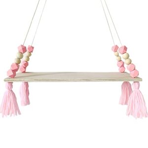emivery wood wall hanging floating shelves with tassel beads wall hanging storage board wooden display shelf with rope for women girls kids bedroom living room decorations pink