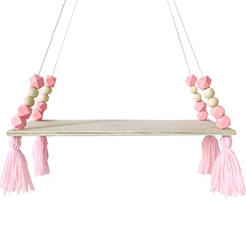 Emivery Wood Wall Hanging Floating Shelves with Tassel Beads Wall Hanging Storage Board Wooden Display Shelf with Rope for Women Girls Kids Bedroom Living Room Decorations Pink