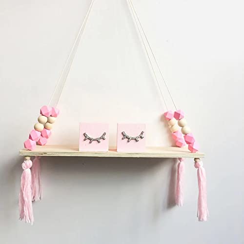 Emivery Wood Wall Hanging Floating Shelves with Tassel Beads Wall Hanging Storage Board Wooden Display Shelf with Rope for Women Girls Kids Bedroom Living Room Decorations Pink