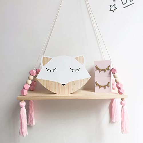 Emivery Wood Wall Hanging Floating Shelves with Tassel Beads Wall Hanging Storage Board Wooden Display Shelf with Rope for Women Girls Kids Bedroom Living Room Decorations Pink