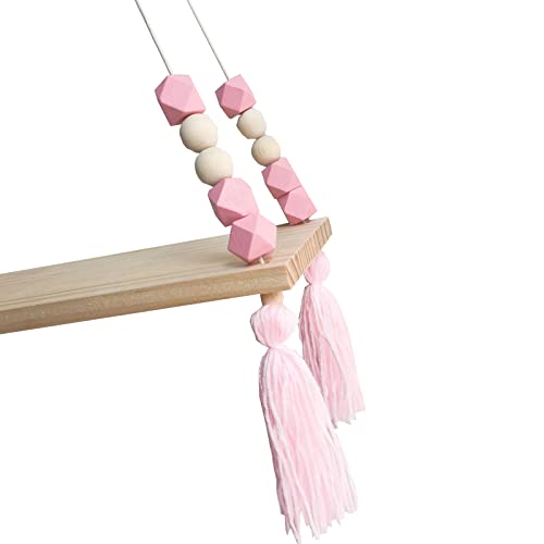 Emivery Wood Wall Hanging Floating Shelves with Tassel Beads Wall Hanging Storage Board Wooden Display Shelf with Rope for Women Girls Kids Bedroom Living Room Decorations Pink