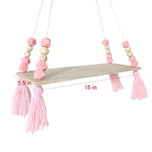 Emivery Wood Wall Hanging Floating Shelves with Tassel Beads Wall Hanging Storage Board Wooden Display Shelf with Rope for Women Girls Kids Bedroom Living Room Decorations Pink