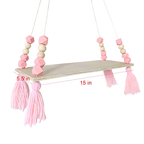 Emivery Wood Wall Hanging Floating Shelves with Tassel Beads Wall Hanging Storage Board Wooden Display Shelf with Rope for Women Girls Kids Bedroom Living Room Decorations Pink