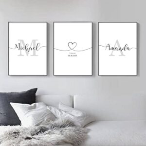 set of 3 wall art decor, custom couples sign initials name and date print pictures unframed, wall decorations for home living room master bedroom bathroom, above bed artwork, engagement & wedding gifts (multiple size)