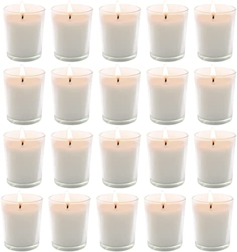 JHENG Set of 20 White Unscented Glass Filled Votive Candles, Hand Poured Wax Candle Ideal Gifts for Aromatherapy Spa Weddings Birthdays Holidays Party (0255)