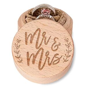 mr and mrs engraved rustic vintage wood engagement jewelry storage ring box, wooden ring holder for girlfriend wife fiancee couple lover wedding anniversary ceremony valentines day gift