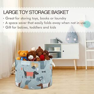 xigua Cute Funny Dog And Bone Large Round storage basket 20 x14 Inches Collapsible Round Storage Bin, Laundry Basket Organizer for Towels, Blanket, Toys, Clothes