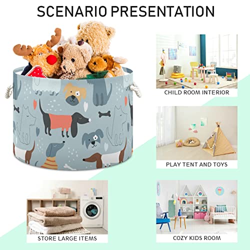 xigua Cute Funny Dog And Bone Large Round storage basket 20 x14 Inches Collapsible Round Storage Bin, Laundry Basket Organizer for Towels, Blanket, Toys, Clothes