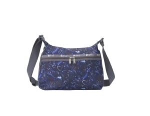 lesportsac venus rising large hobo crossbody bag, style 3710/color e451, ethereal outer space graphic, purple, aqua & pink abstract hearts, stars & comets, celestial goddess of love, large carryall