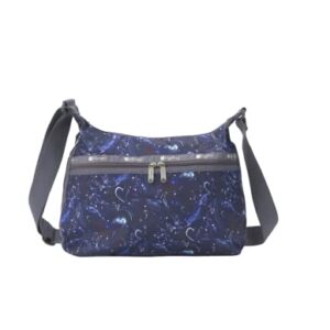 LeSportsac Venus Rising Large Hobo Crossbody Bag, Style 3710/Color E451, Ethereal Outer Space Graphic, Purple, Aqua & Pink Abstract Hearts, Stars & Comets, Celestial Goddess of Love, Large Carryall