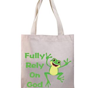 BDPWSS Frog Canvas Tote Bag Frog Lover Gift Crazy Frog Lady Gift Fully Rely On God Frog Christian Bag (Rely Frog TG)