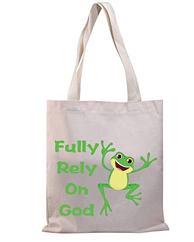 BDPWSS Frog Canvas Tote Bag Frog Lover Gift Crazy Frog Lady Gift Fully Rely On God Frog Christian Bag (Rely Frog TG)