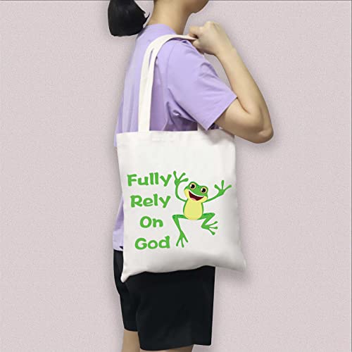 BDPWSS Frog Canvas Tote Bag Frog Lover Gift Crazy Frog Lady Gift Fully Rely On God Frog Christian Bag (Rely Frog TG)