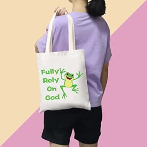 BDPWSS Frog Canvas Tote Bag Frog Lover Gift Crazy Frog Lady Gift Fully Rely On God Frog Christian Bag (Rely Frog TG)