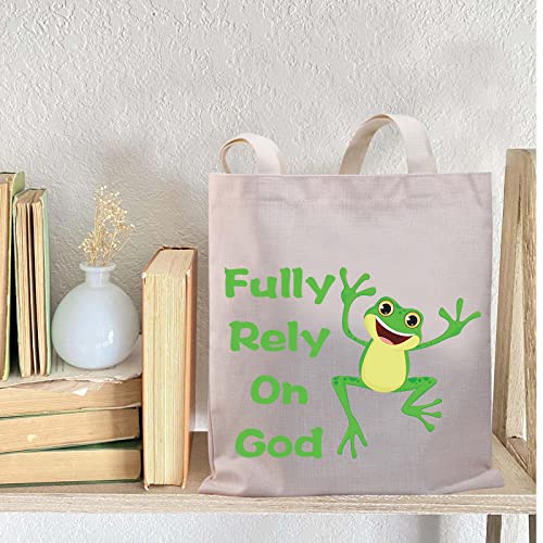 BDPWSS Frog Canvas Tote Bag Frog Lover Gift Crazy Frog Lady Gift Fully Rely On God Frog Christian Bag (Rely Frog TG)