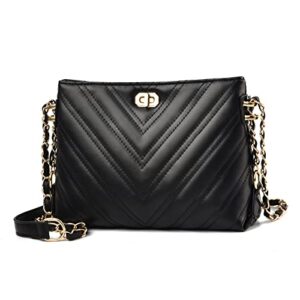 cheruty crossbody bags for women small leather crossbody purse quilted lightweight shoulder satchel handbags with gold chain strap(black)