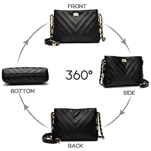 CHERUTY Crossbody Bags for Women Small Leather Crossbody Purse Quilted Lightweight Shoulder Satchel Handbags with Gold Chain Strap(Black)