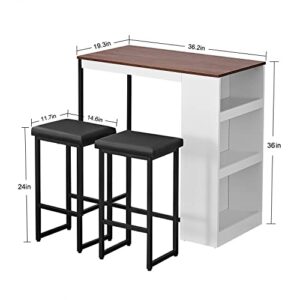 Panana 3 Piece Dining Table Set Kitchen Bar Table with Two Stool Storage Shelves Wood Counter Height Table Top with Sew Kerf Finish Dining Room Home