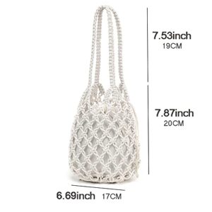 Woven Bucket Handbag for Women, Summer Beach Tote Bag Drawstring Shoulder Bag, Girls Handmade Bucket Bag for Travel Beach (White)