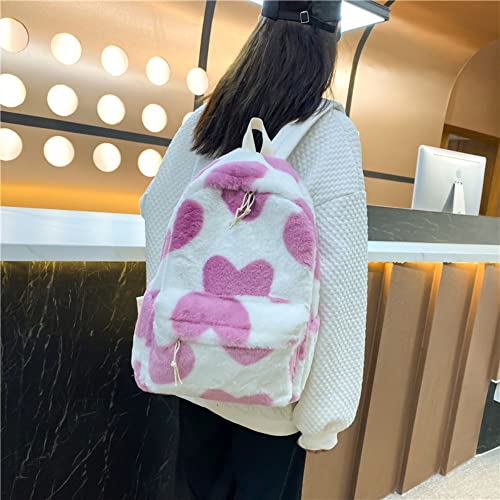 Tomato City Fuzzy Backpack Fluffy School Shoulder Bag Purse Pink Heart Pattern (Pink Heart,Faux Fur) Medium